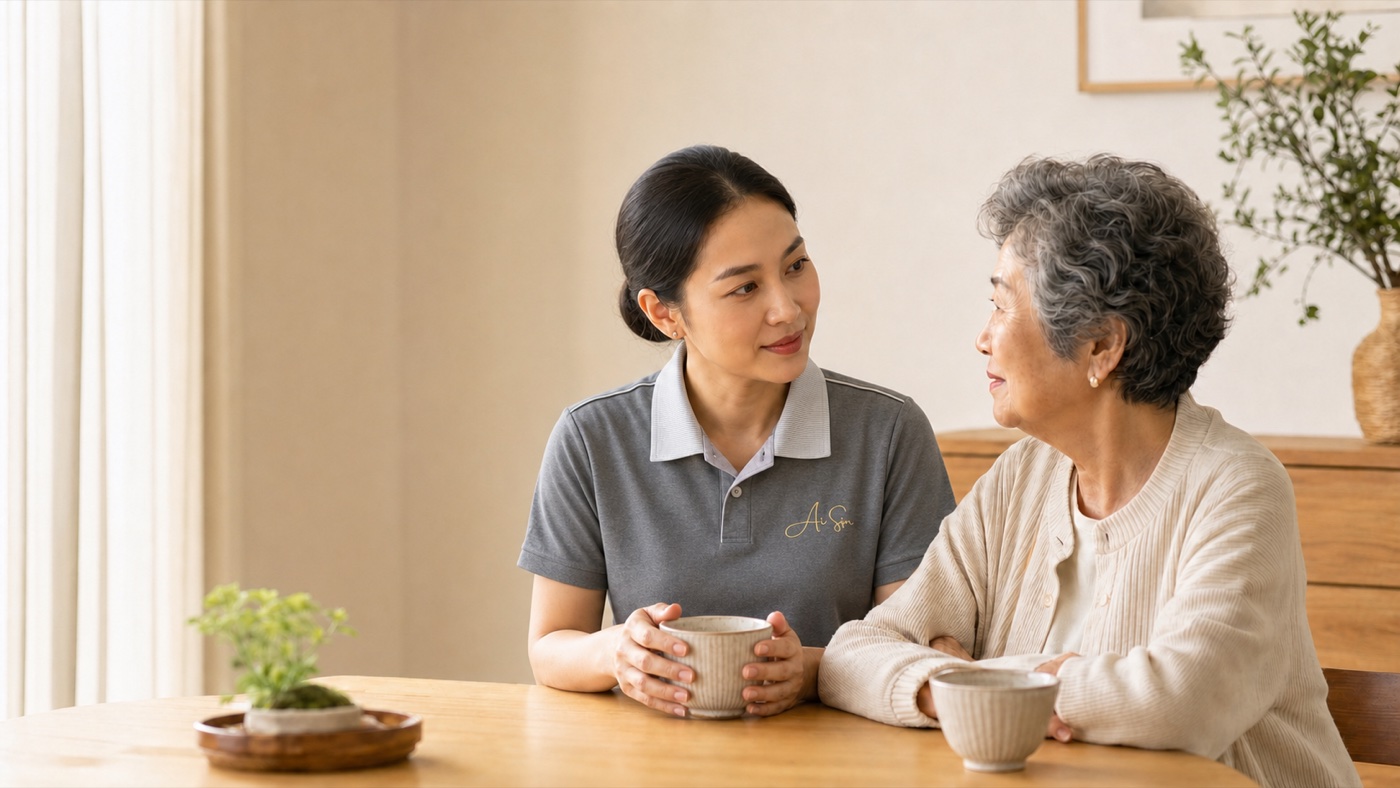 年輕專業照護人員陪伴長者溫暖對話